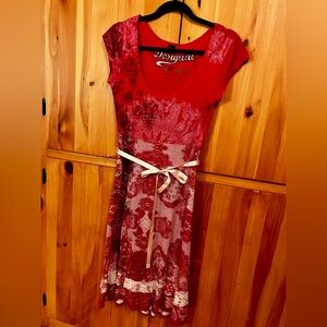 Desigual Vibrant Red Dress with Cream Accents